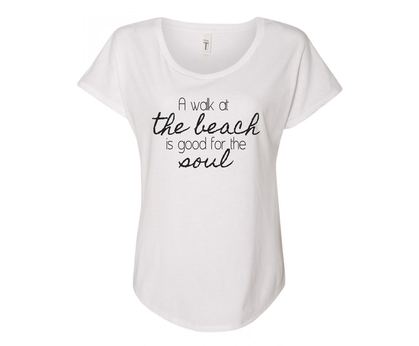 A Walk At The Beach Is Good For The Soul Ladies Tee Shirt - In Grey & White