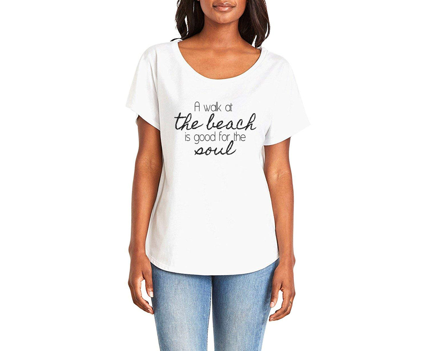 A Walk At The Beach Is Good For The Soul Ladies Tee Shirt - In Grey & White