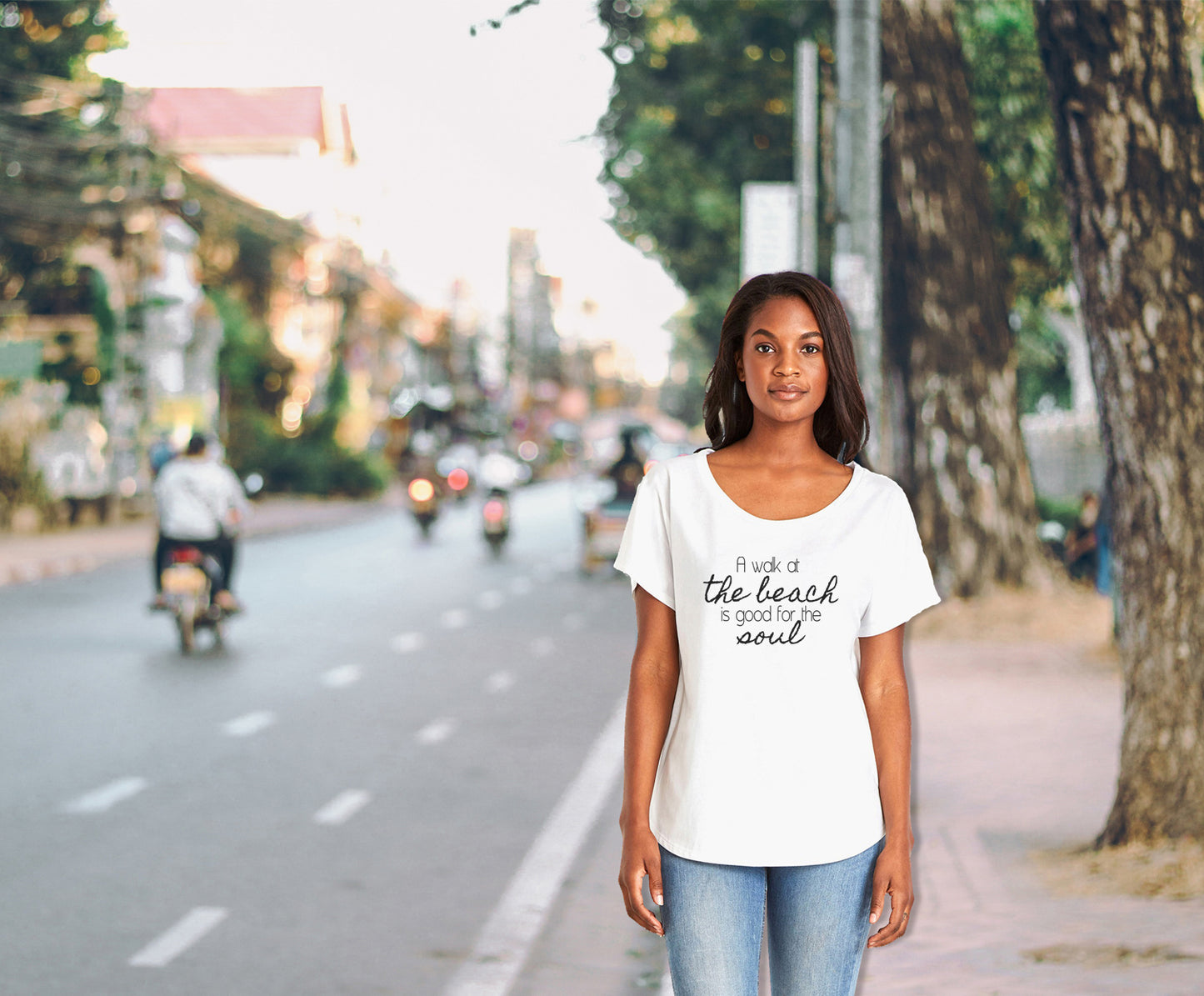 A Walk At The Beach Is Good For The Soul Ladies Tee Shirt - In Grey & White