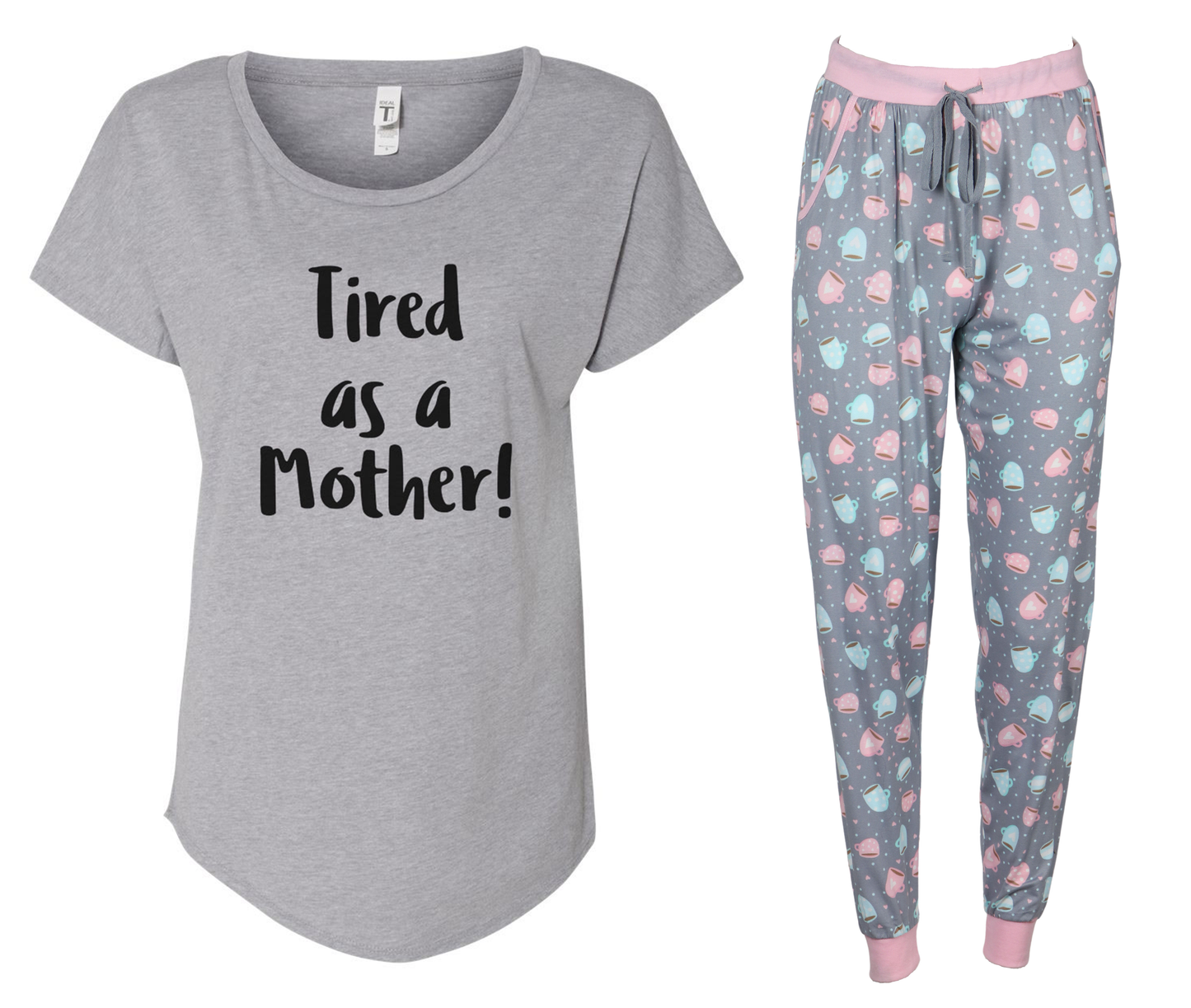 Tired As A Mother! Jogger Grey & Pink Pajama Set