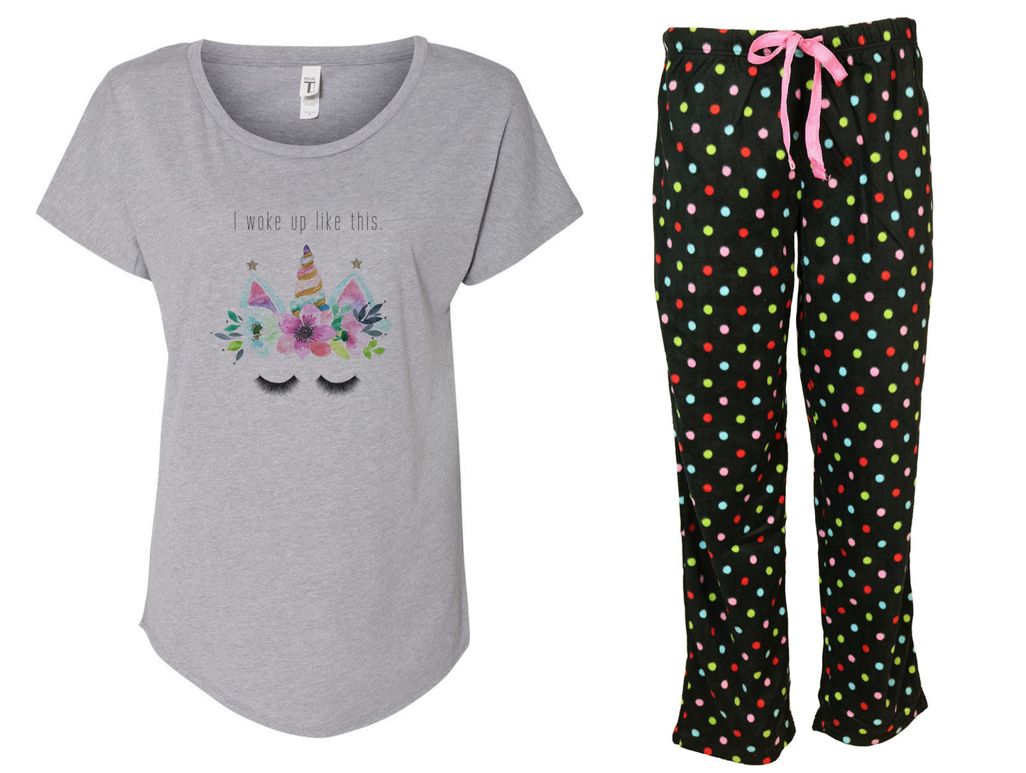 Woke Up Like This Unicorn Pajama Set With Polka Dot Fleece Pants