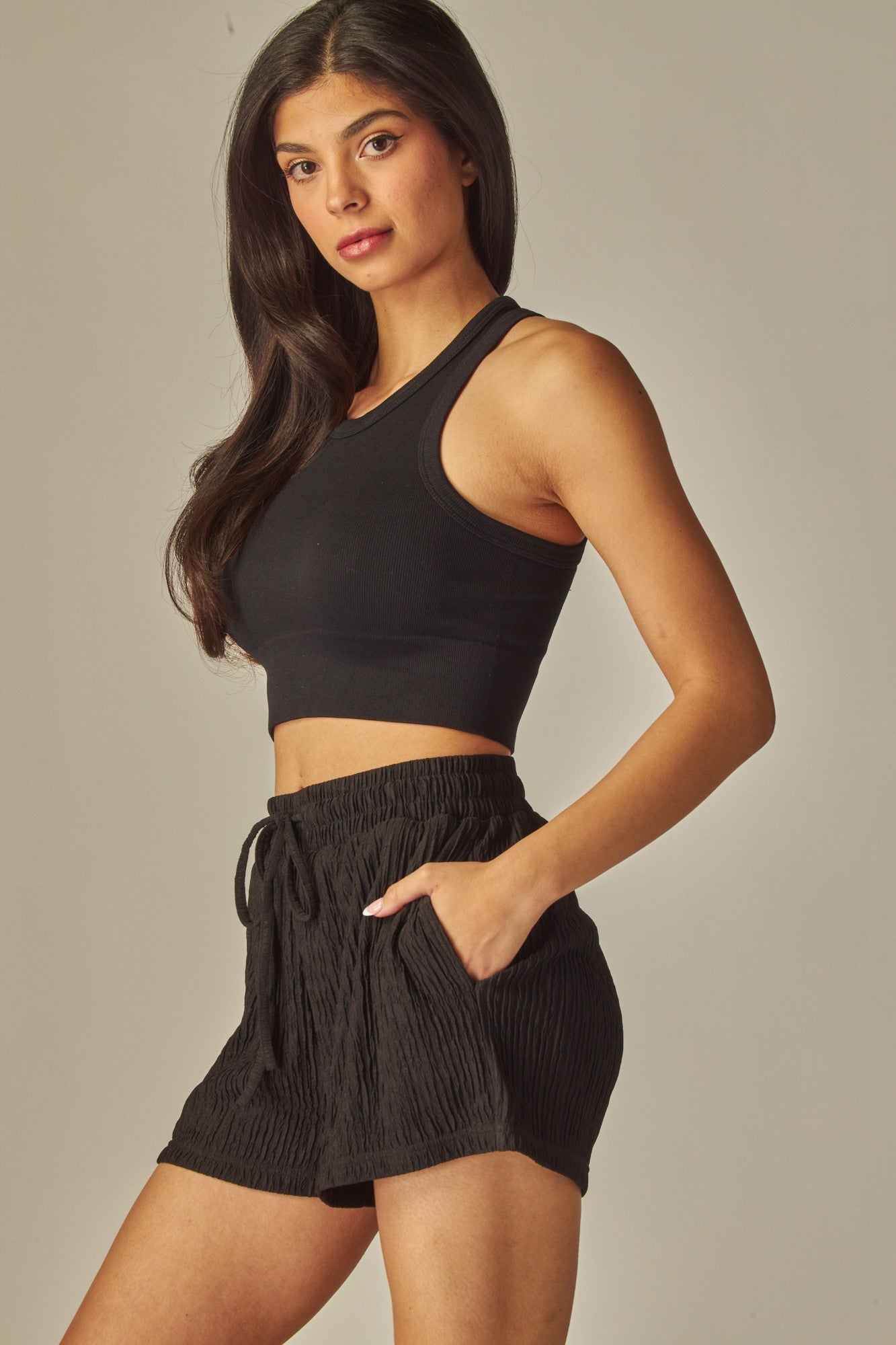 Crinkle Cut Light Weight Drawstring Shorts - In Black & Khaki