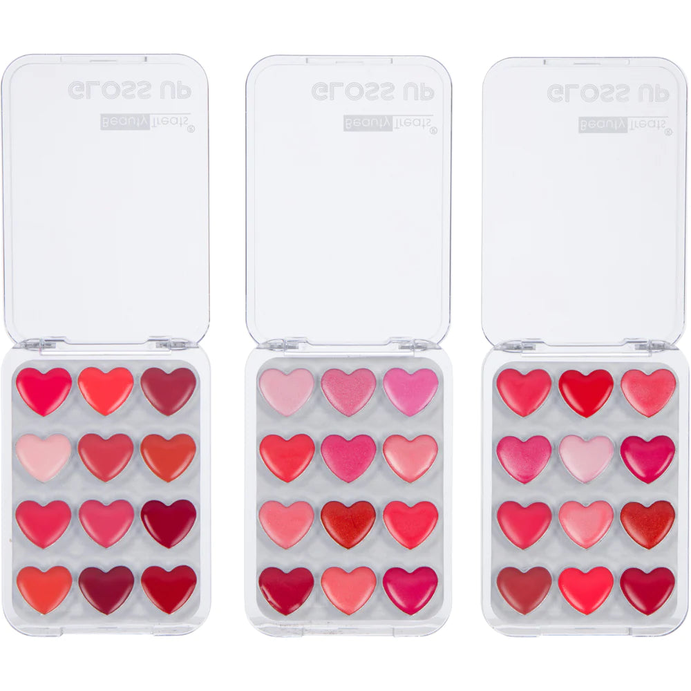 Gloss Up 12 Color Heart Lip Gloss Pallet - In 3 Shades