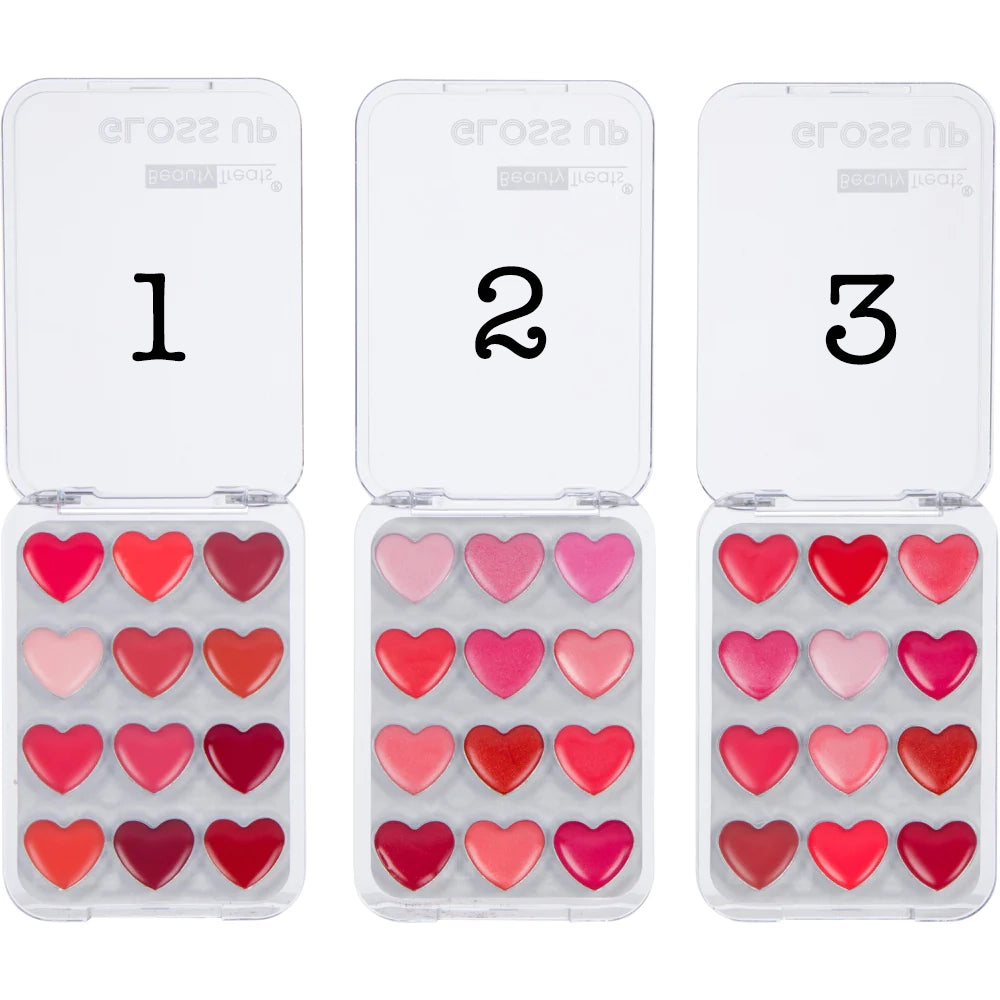 Gloss Up 12 Color Heart Lip Gloss Pallet - In 3 Shades