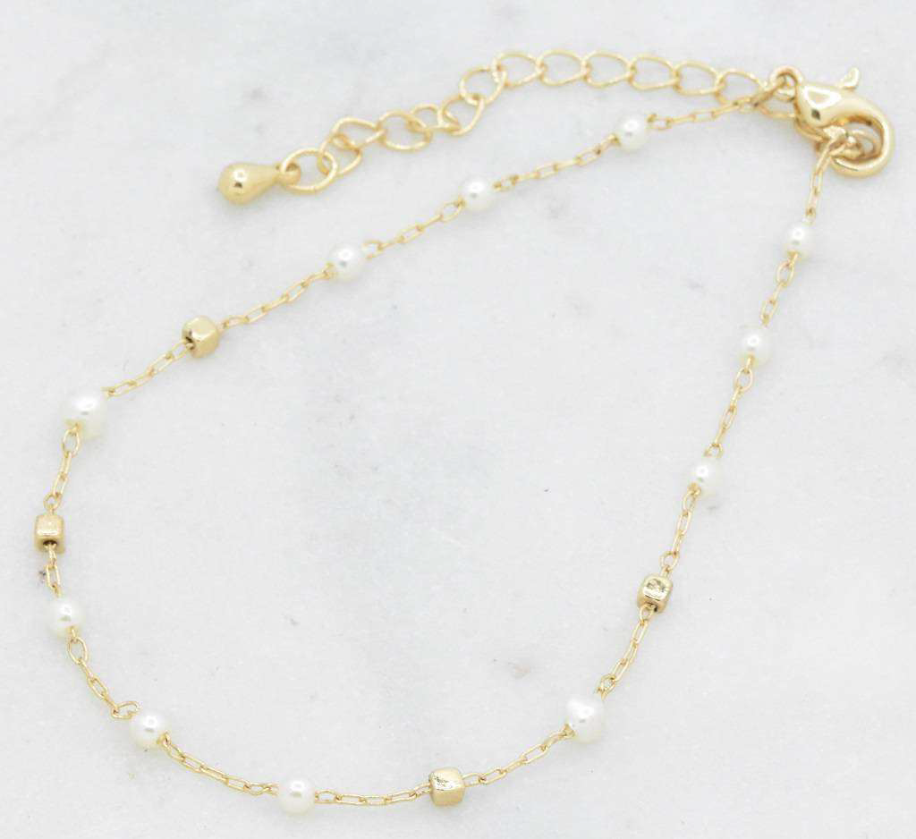 Dainty Pearl Spaced Chain Link Bracelet - Gold