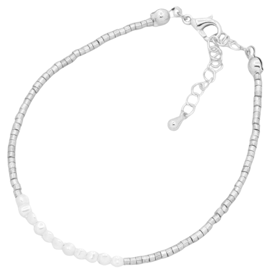 Tiny Pearl Seed Bead Adjustable Bracelet - Silver