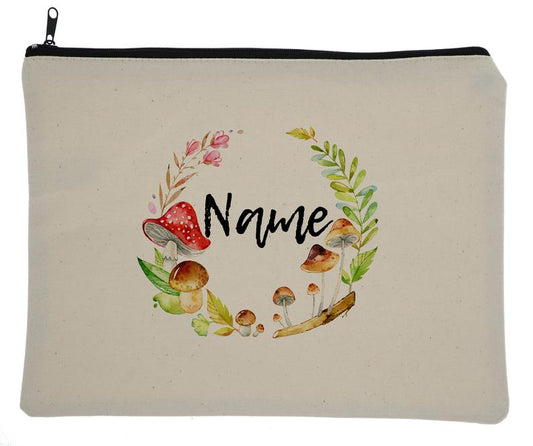 Canvas Custom Name Zipper Bag With Woodland Mushrooms