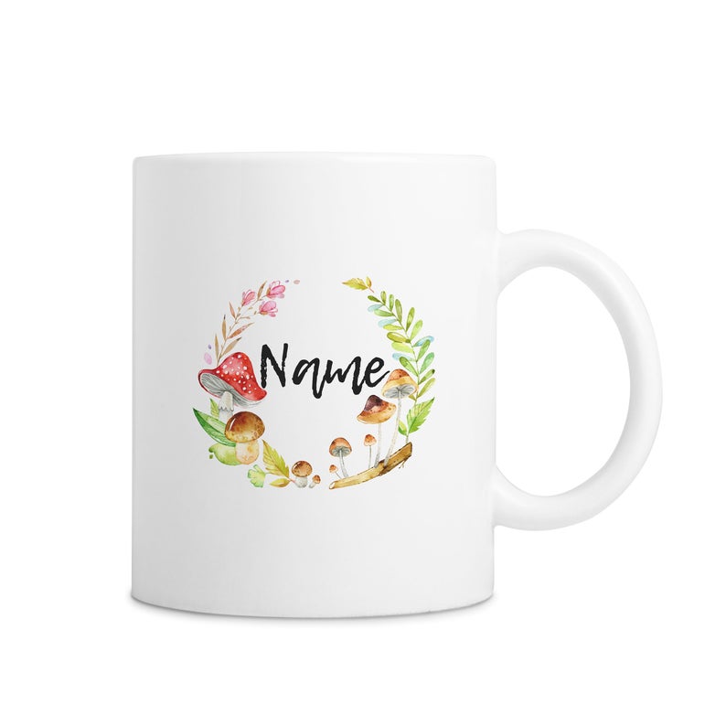 White Custom Name Mug With Woodland Mushrooms