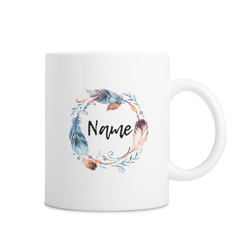 White Custom Name Mug With Tribal Feathers