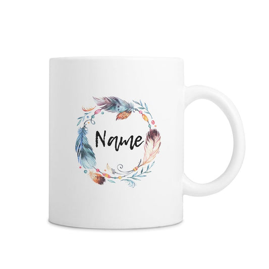 White Custom Name Mug With Tribal Feathers