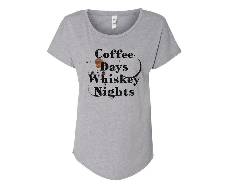 Coffee Days Whiskey Nights Ladies Tee Shirt - In Grey & White