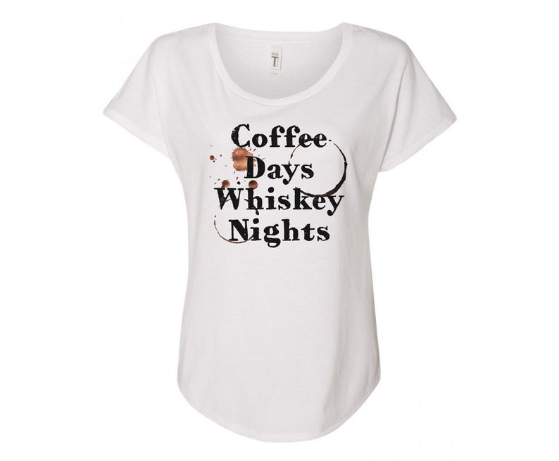 Coffee Days Whiskey Nights Ladies Tee Shirt - In Grey & White