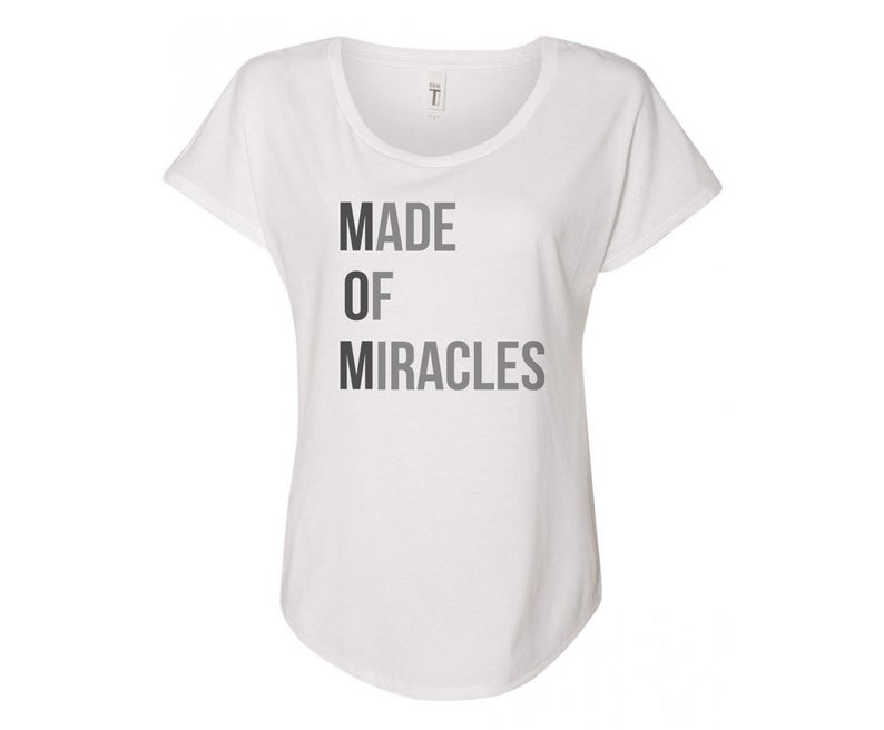 MOM: Made Of Miracles Ladies Tee- In Grey & White