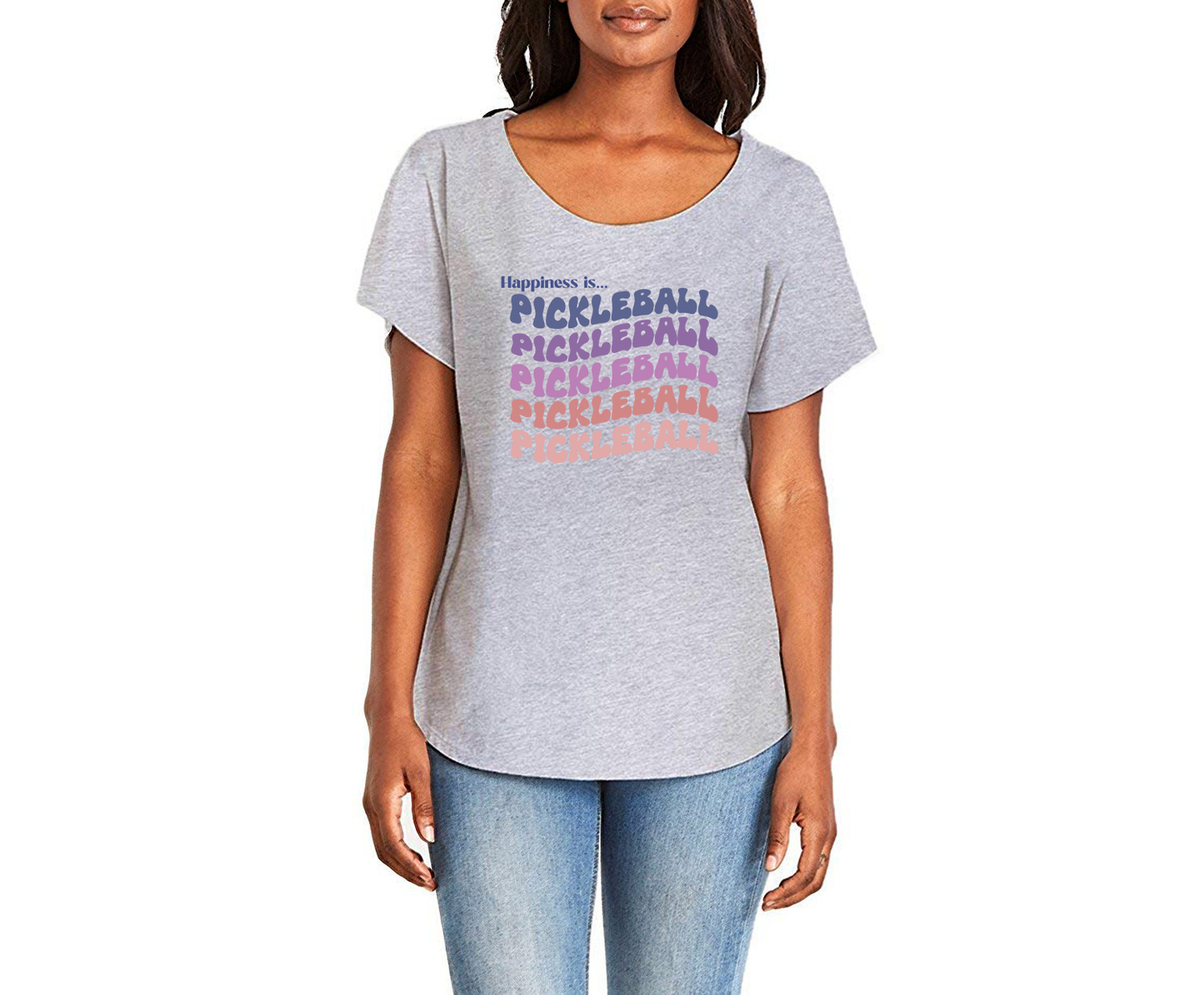 Happiness is Pickleball Ladies Tee Shirt - In White & Grey