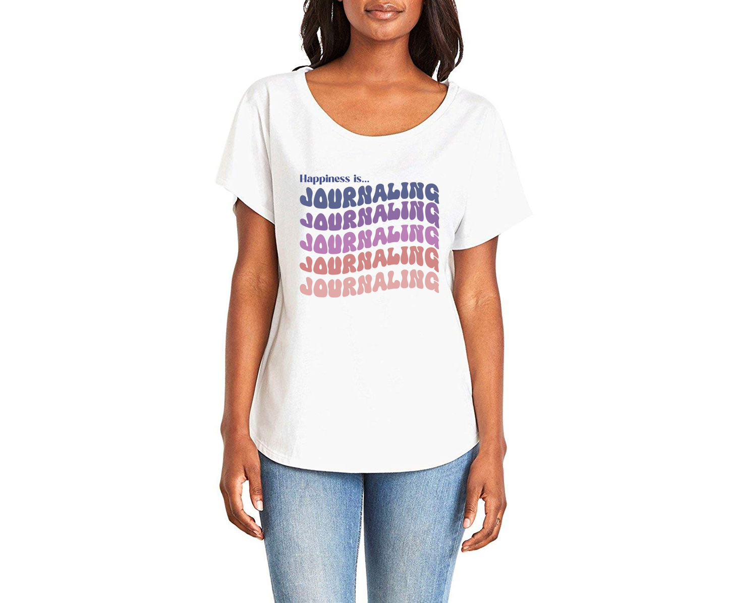 Happiness is Journaling Ladies Tee Shirt - In White & Grey