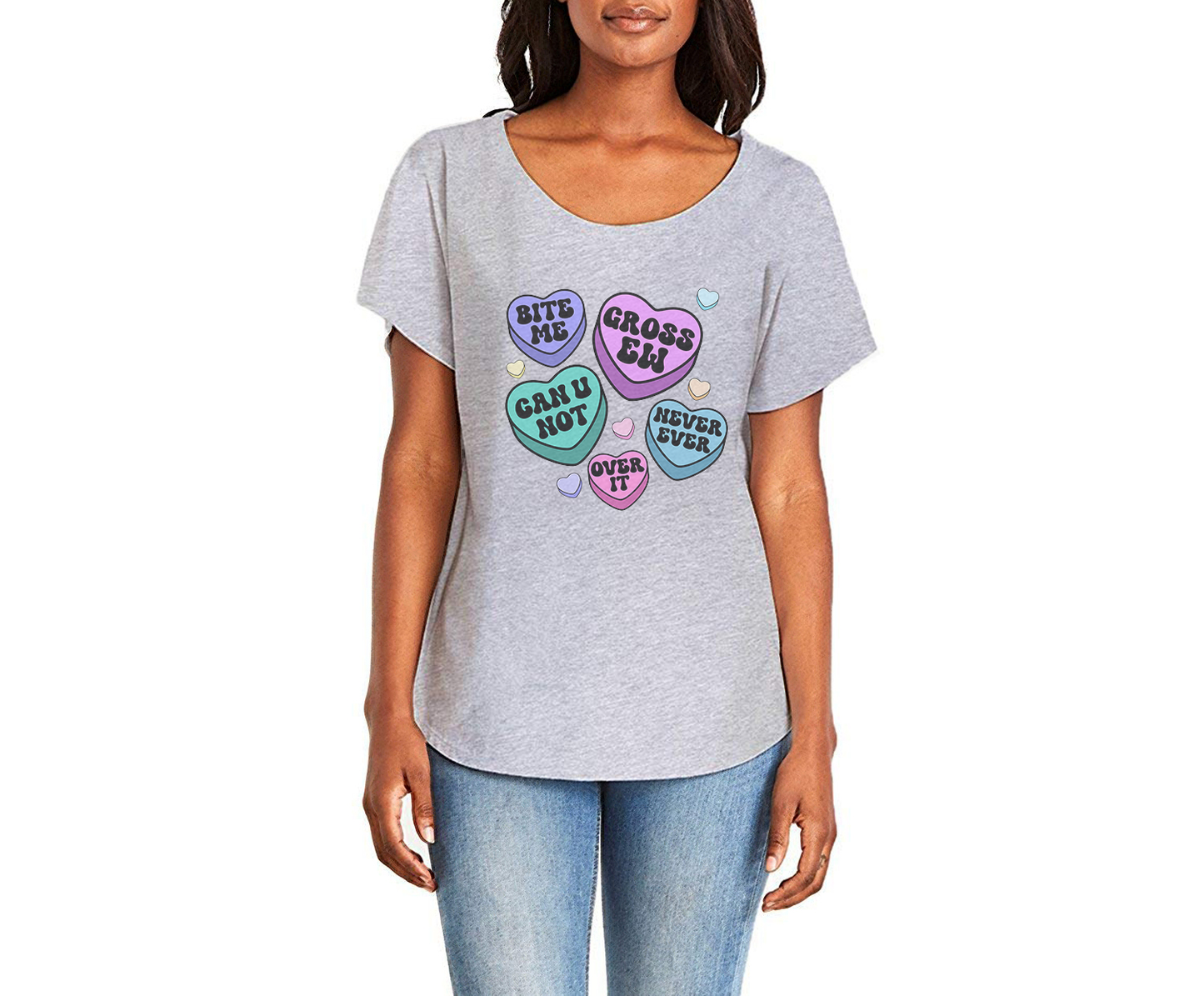 Negative Candy Hearts Ladies Tee Shirt - In Grey & White