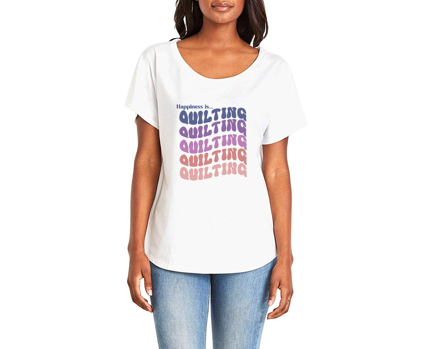 Happiness is Quilting Ladies Tee Shirt - In White & Grey