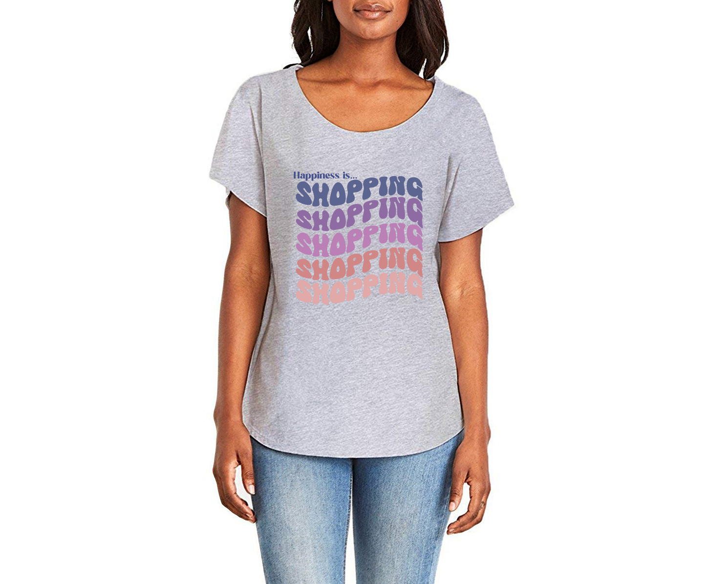 Happiness is Shopping Ladies Tee Shirt - In White & Grey
