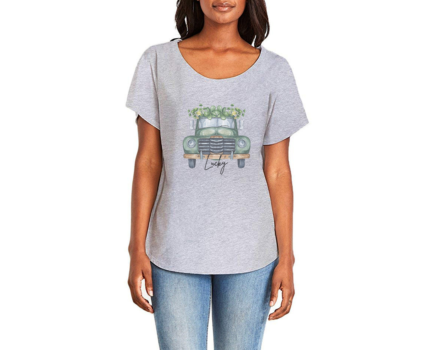 Lucky Vintage Truck Ladies Tee Shirt - In Grey & White