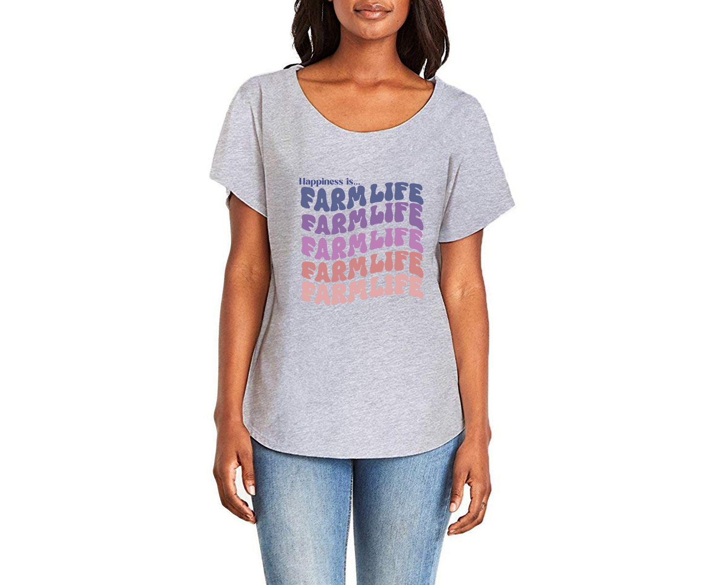Happiness is Farm Life Ladies Tee Shirt - In White & Grey