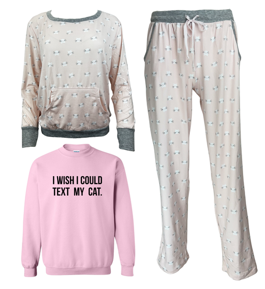 I Wish I Could Text My Cat Women's 3 Piece Pajama Set - In 3 Color Choices