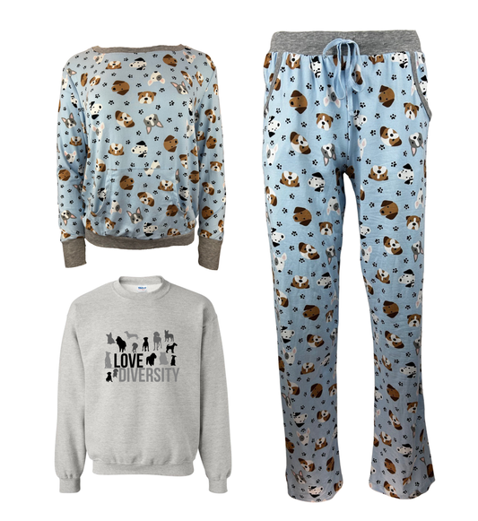 Love Diversity Blue Women's 3 Piece Dog Pajama Set - In 3 Color Choices