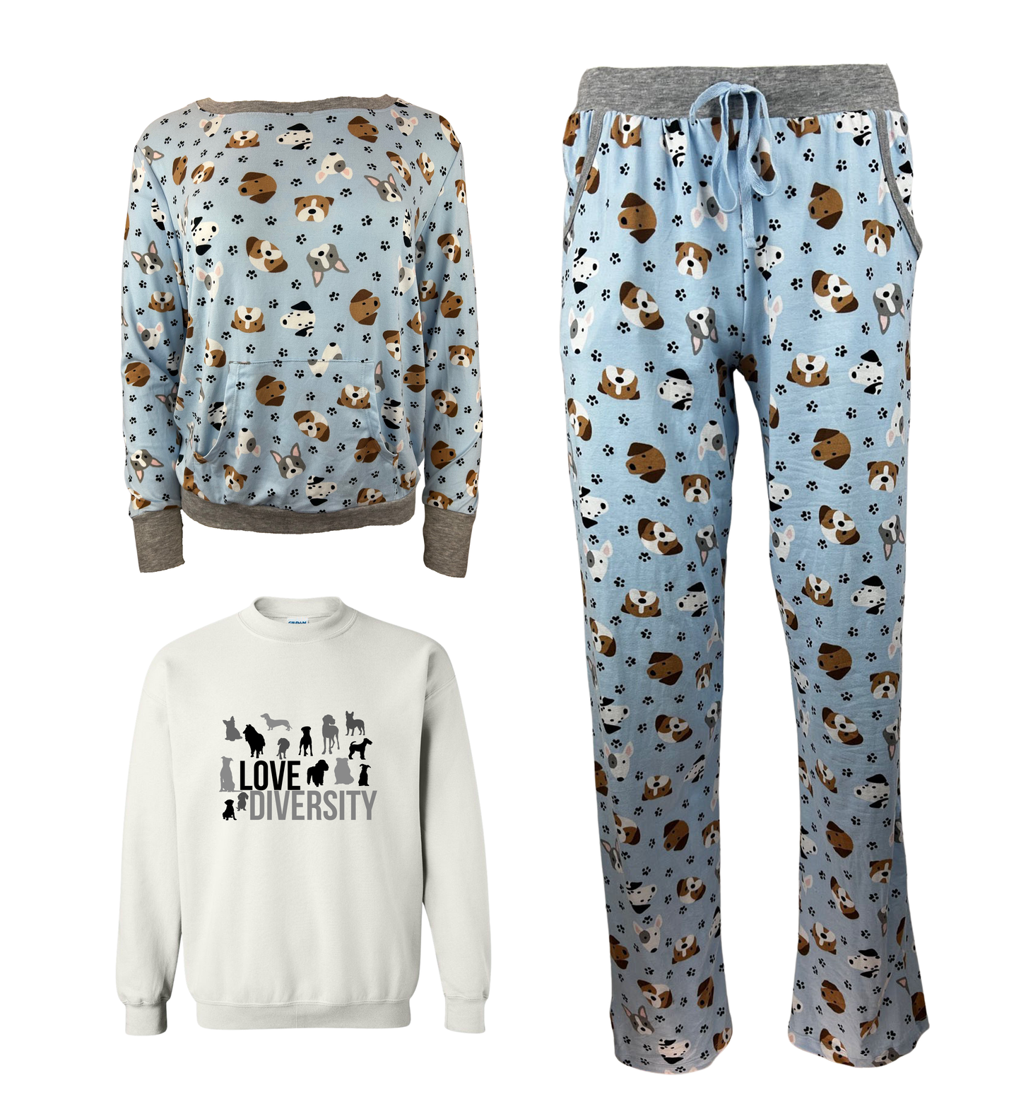 Love Diversity Blue Women's 3 Piece Dog Pajama Set - In 3 Color Choices