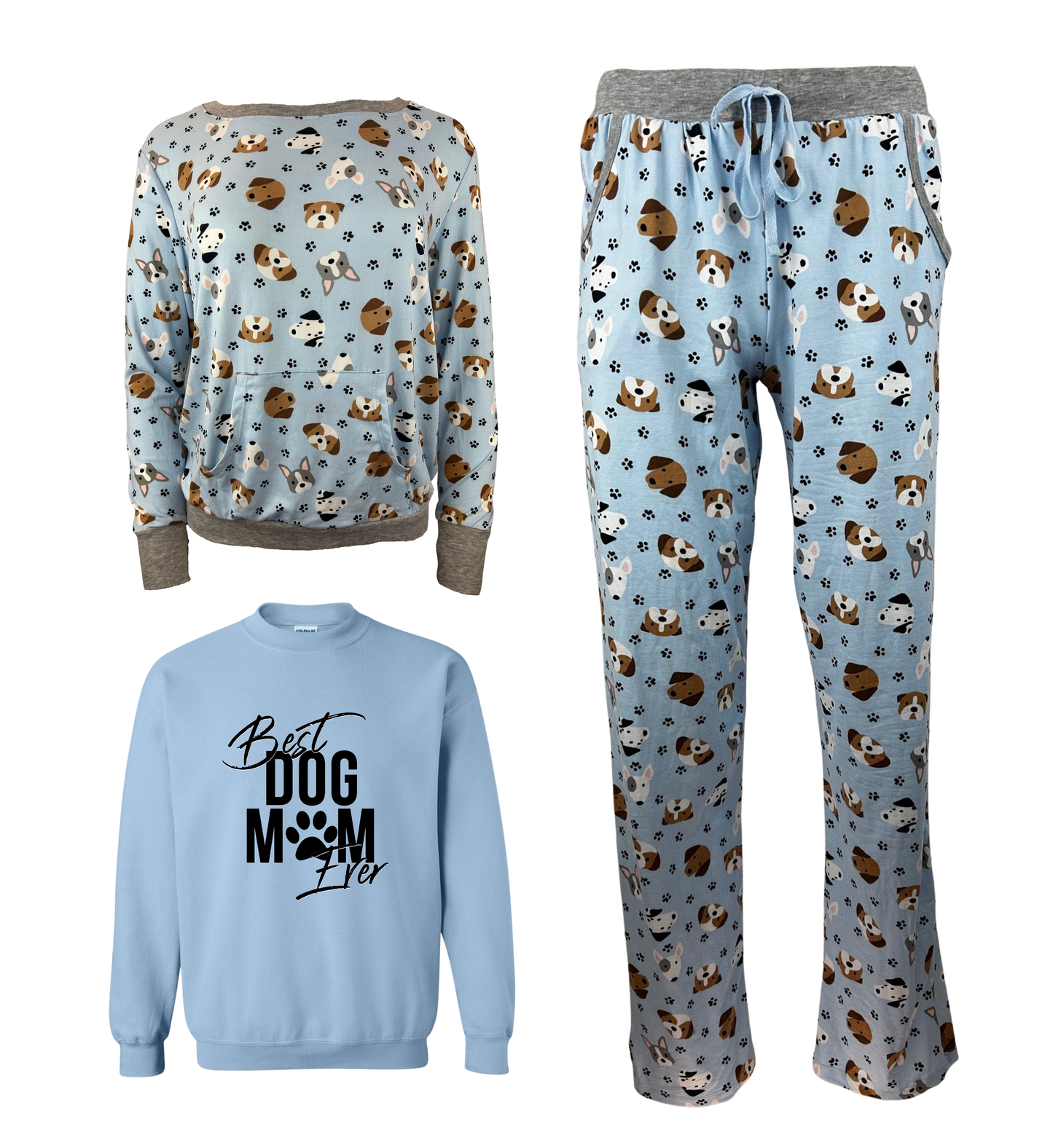 Best Dog Mom Ever Blue Women's 3 Piece Dog Pajama Set - In 3 Color Choices