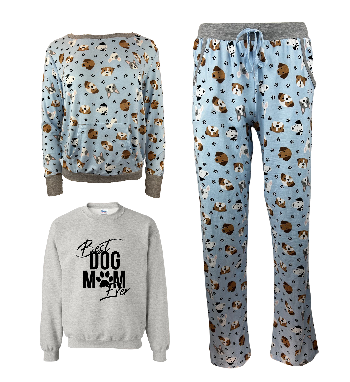 Best Dog Mom Ever Blue Women's 3 Piece Dog Pajama Set - In 3 Color Choices