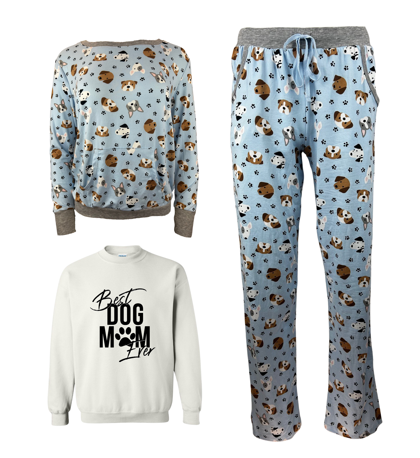 Best Dog Mom Ever Blue Women's 3 Piece Dog Pajama Set - In 3 Color Choices