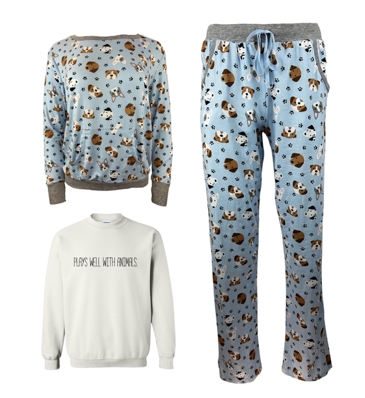 Plays Well With Animals Are Blue Women's 3 Piece Dog Pajama Set - In 3 Color Choices