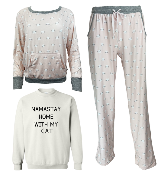 Namastay Home With My Cat Women's 3 Piece Pajama Set - In 3 Color Choices