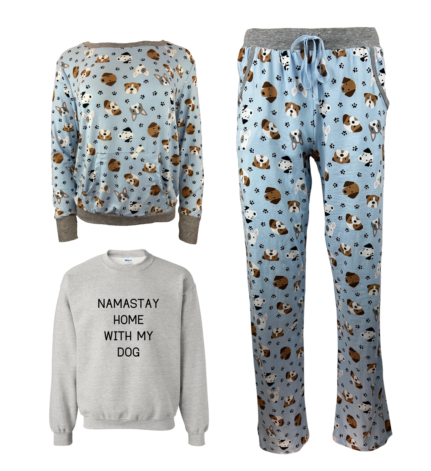 Namastay Home With My Dog Blue Women's 3 Piece Dog Pajama Set - In 3 Color Choices