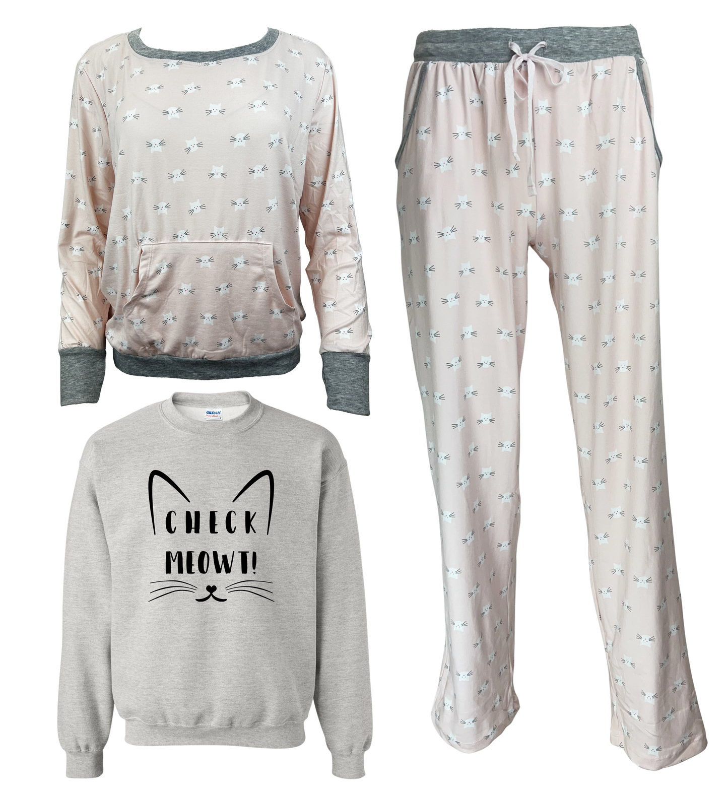 Check Meowt Women's 3 Piece Pajama Set - In 3 Color Choices