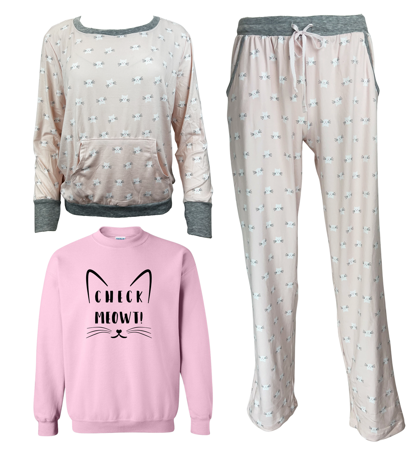 Check Meowt Women's 3 Piece Pajama Set - In 3 Color Choices