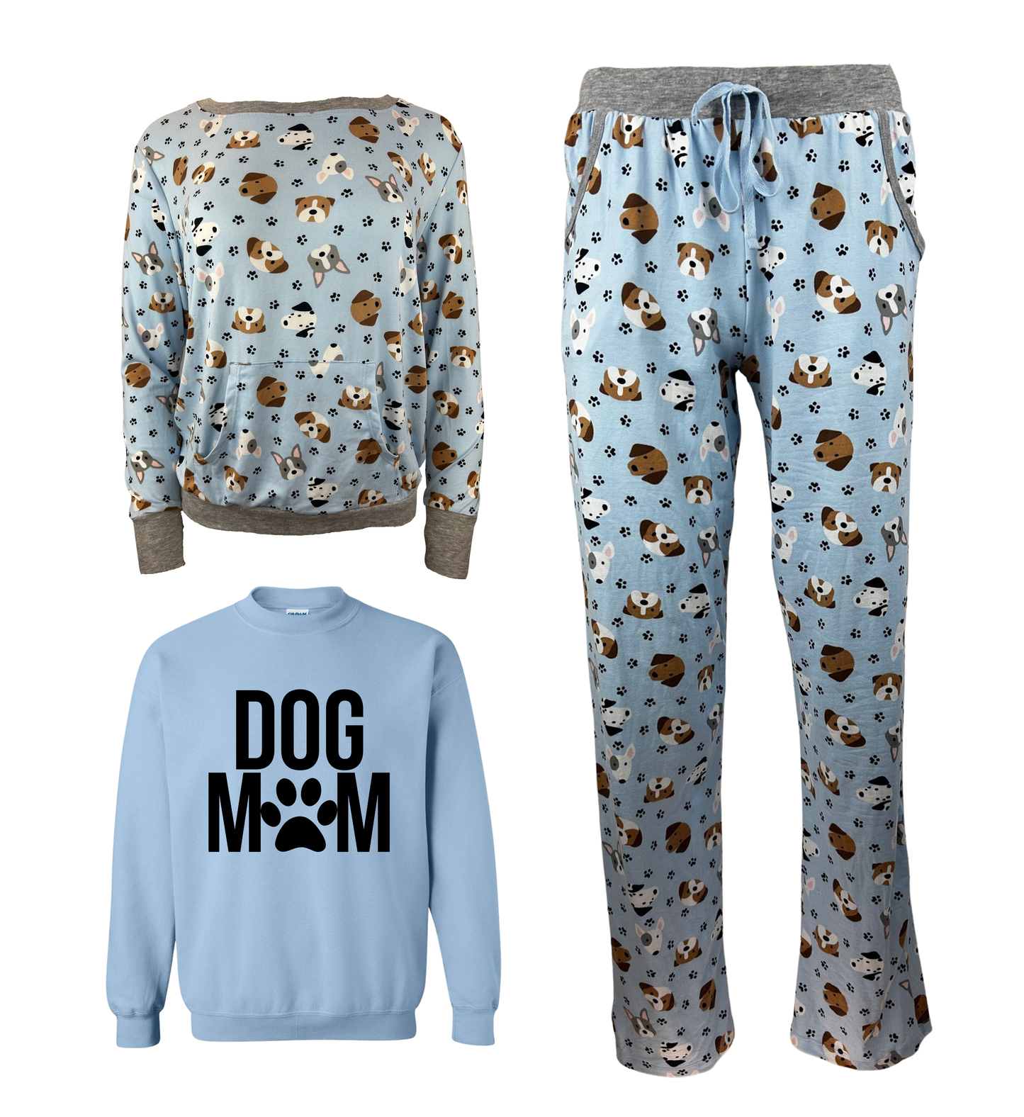 Dog Mom Blue Women's 3 Piece Dog Pajama Set - In 3 Color Choices