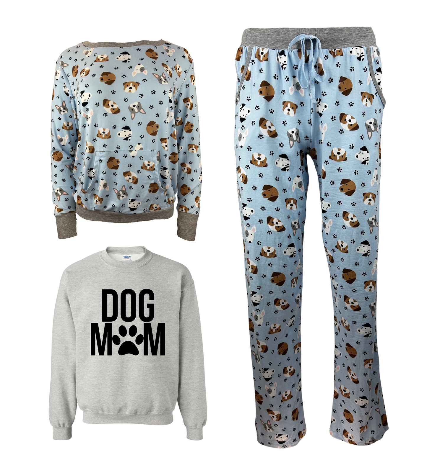 Dog Mom Blue Women's 3 Piece Dog Pajama Set - In 3 Color Choices