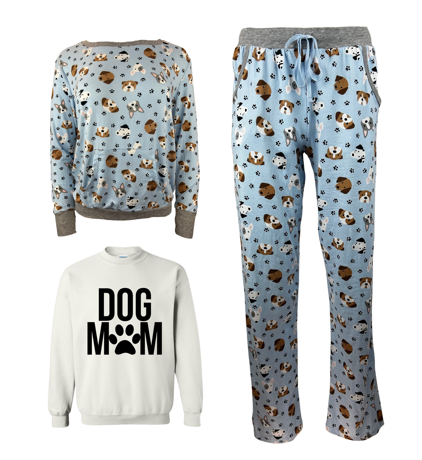 Dog Mom Blue Women's 3 Piece Dog Pajama Set - In 3 Color Choices