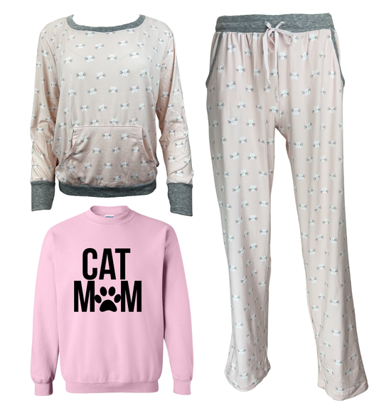 Cat Mom Women's 3 Piece Cat Pajama Set - In 3 Color Choices