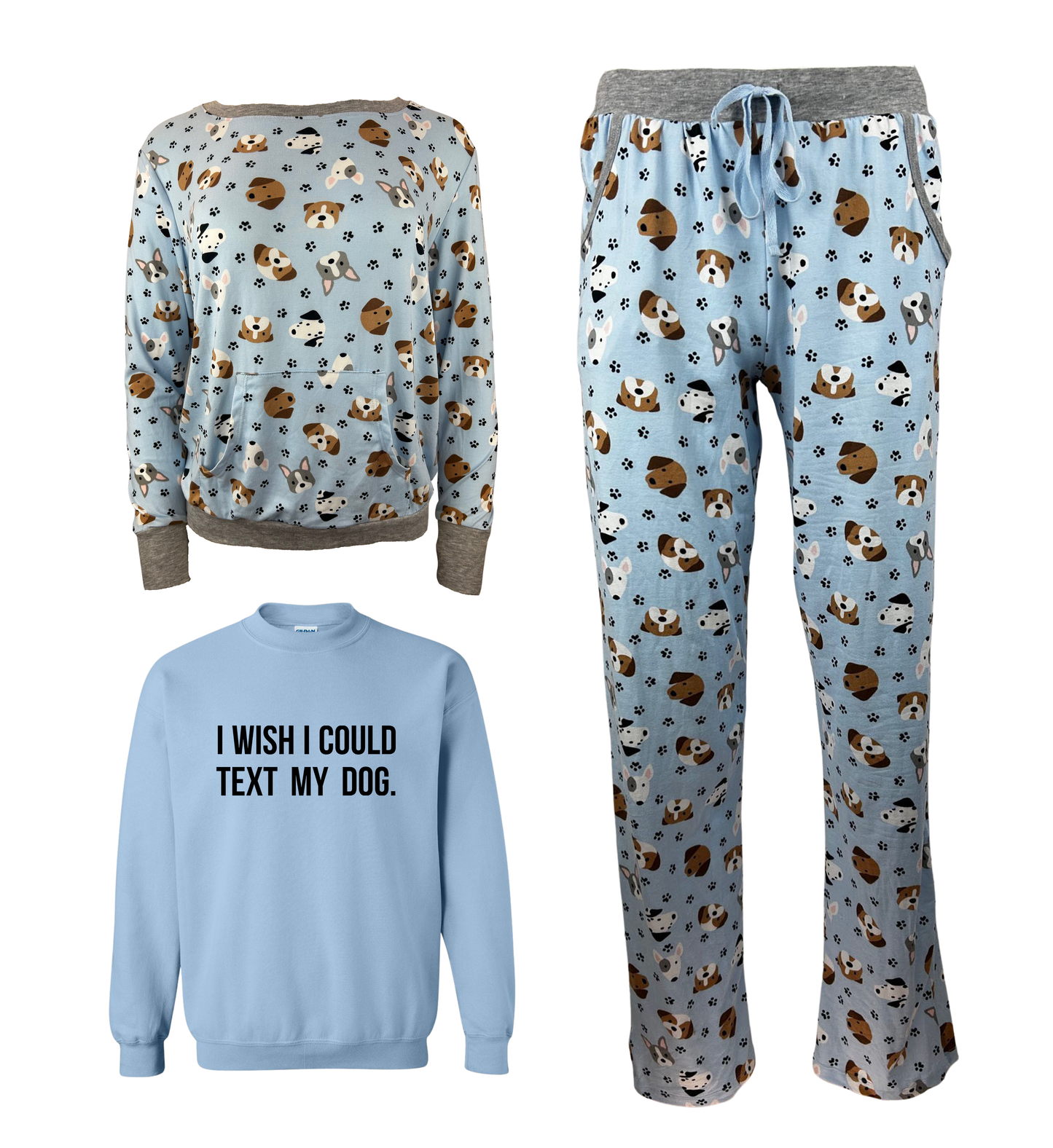 I Wish I Could Text My Dog Blue Women's 3 Piece Dog Pajama Set - In 3 Color Choices