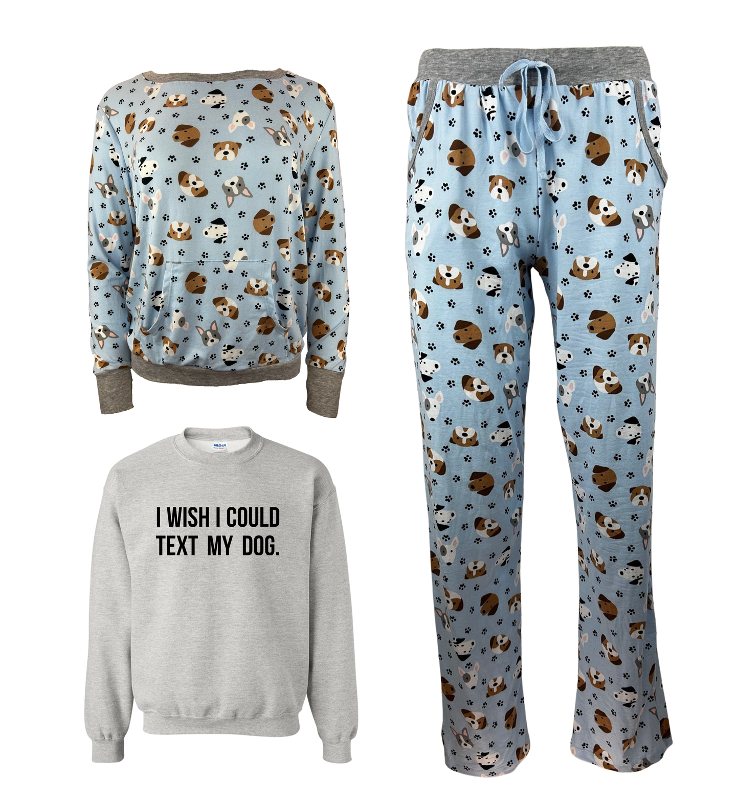 I Wish I Could Text My Dog Blue Women's 3 Piece Dog Pajama Set - In 3 Color Choices