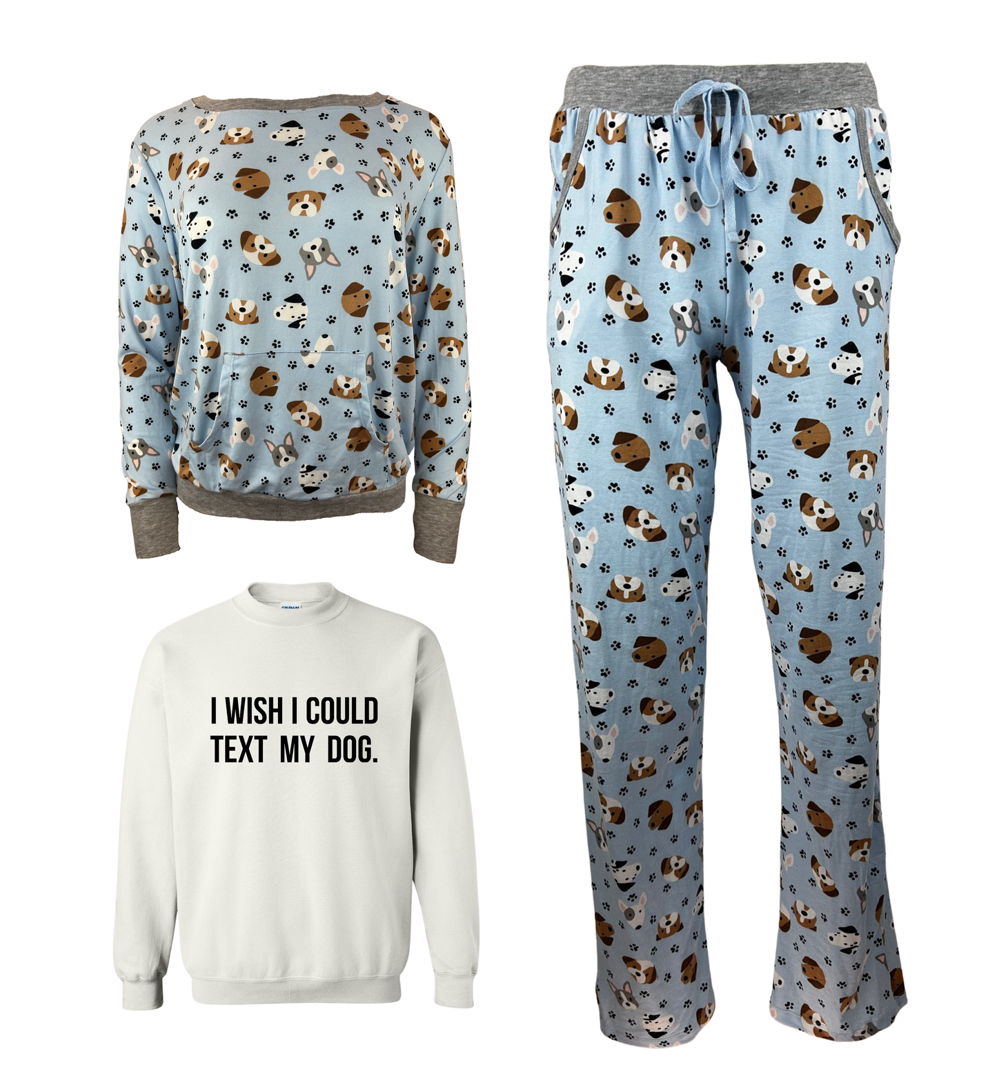 I Wish I Could Text My Dog Blue Women's 3 Piece Dog Pajama Set - In 3 Color Choices