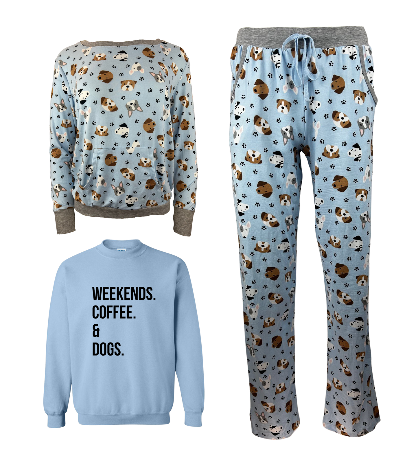 Weekends, Coffee, & Dogs Blue Women's 3 Piece Dog Pajama Set - In 3 Color Choices