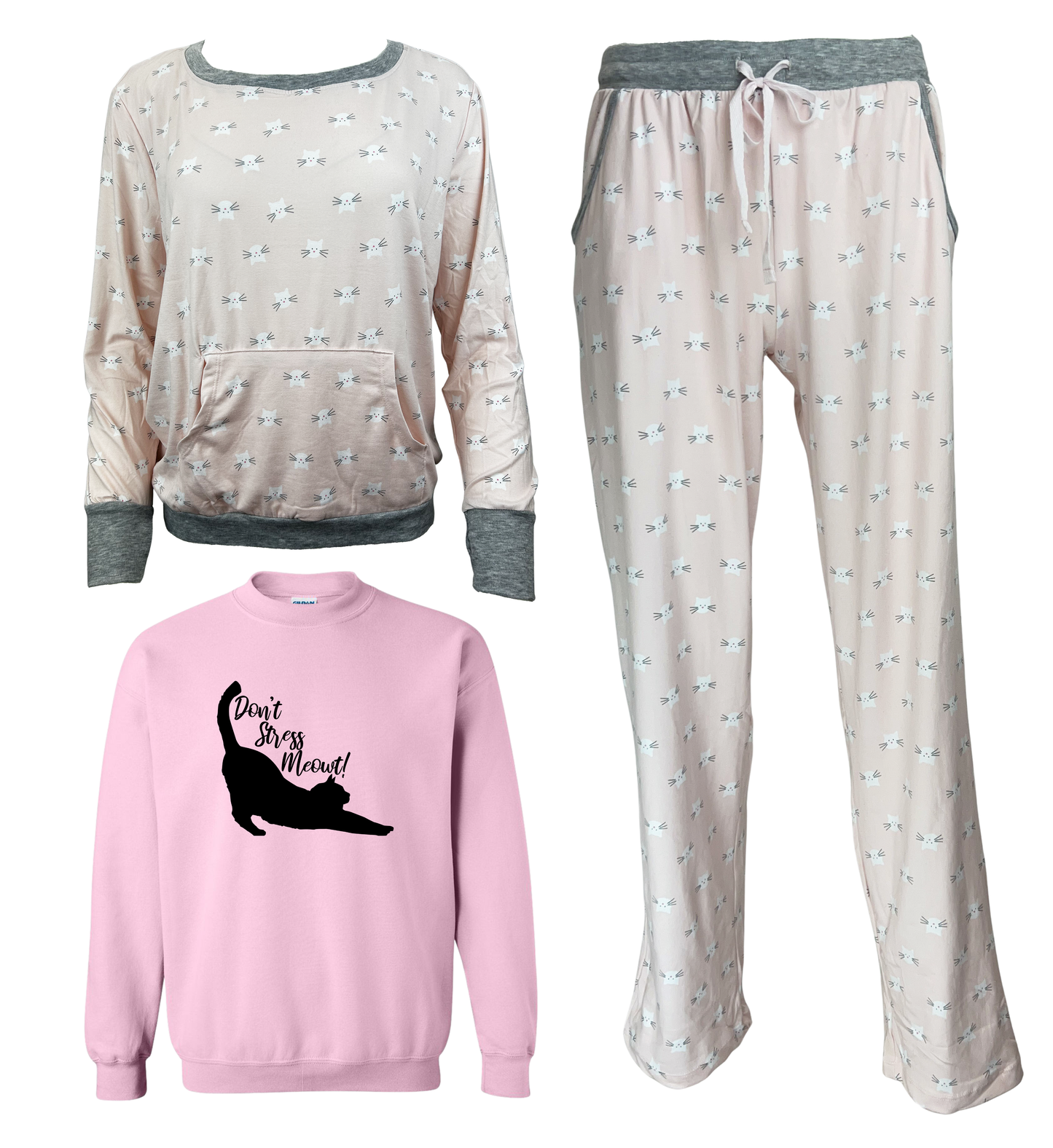 Don't Stress Meowt Women's 3 Piece Pajama Set - In 3 Color Choices