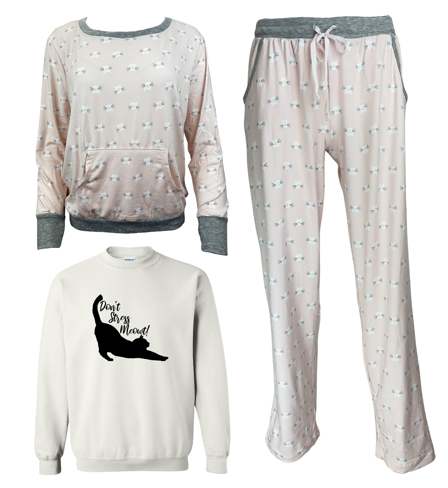 Don't Stress Meowt Women's 3 Piece Pajama Set - In 3 Color Choices