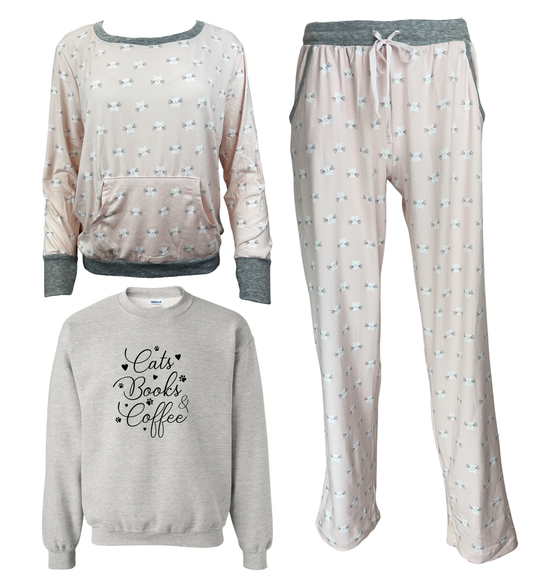 Cats Books Coffee Women's 3 Piece Cat Pajama Set - In 3 Color Choices