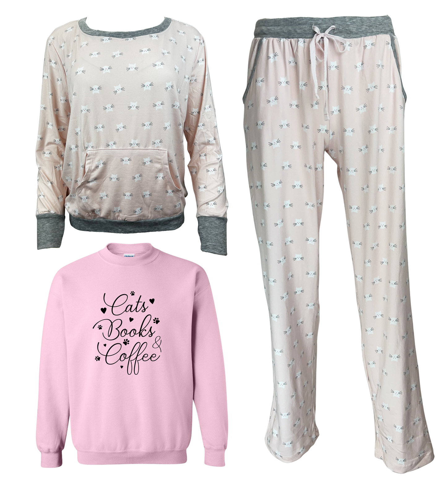 Cats Books Coffee Women's 3 Piece Cat Pajama Set - In 3 Color Choices