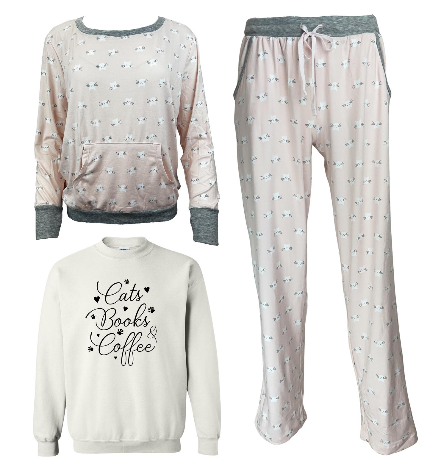 Cats Books Coffee Women's 3 Piece Cat Pajama Set - In 3 Color Choices