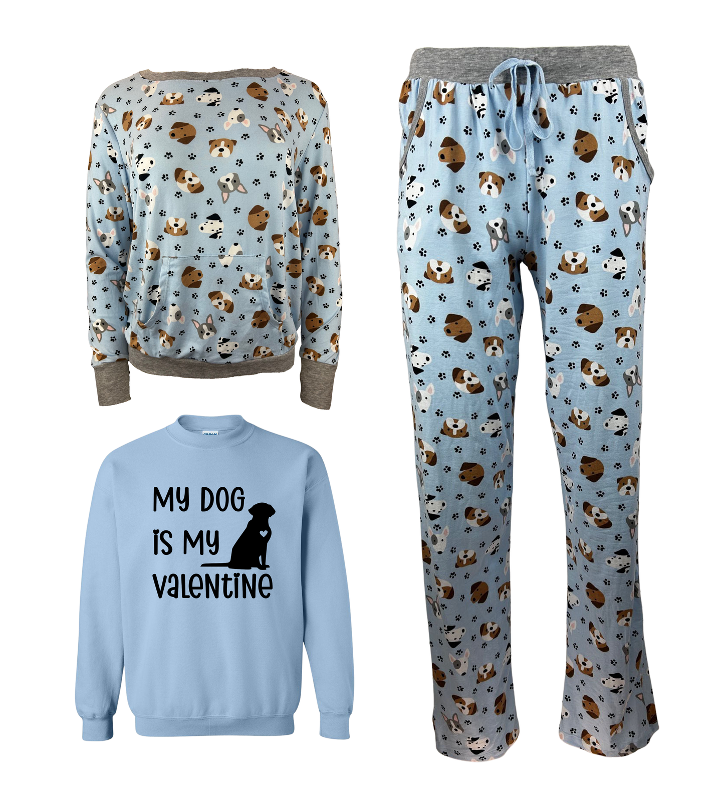 My Dog Is My Valentine Blue Women's 3 Piece Dog Pajama Set - In 3 Color Choices