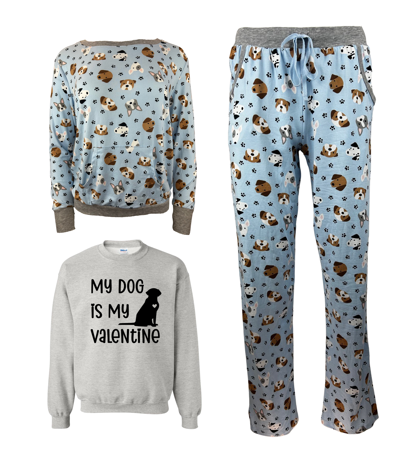 My Dog Is My Valentine Blue Women's 3 Piece Dog Pajama Set - In 3 Color Choices